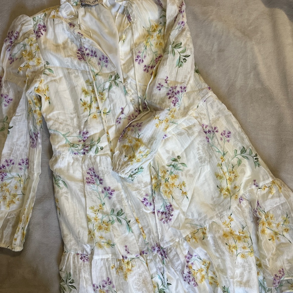 Taylor White-Ivory Dress with Floral Accents